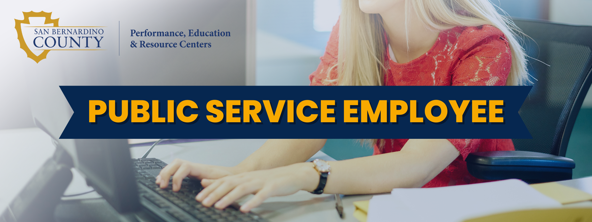 PERC Public Service Employee with SB County logo and person typing on a computer