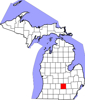 Add alternative text: Image of the upper and lower peninsula of Michigan with counties outlined and a red highlight on Ingham county.