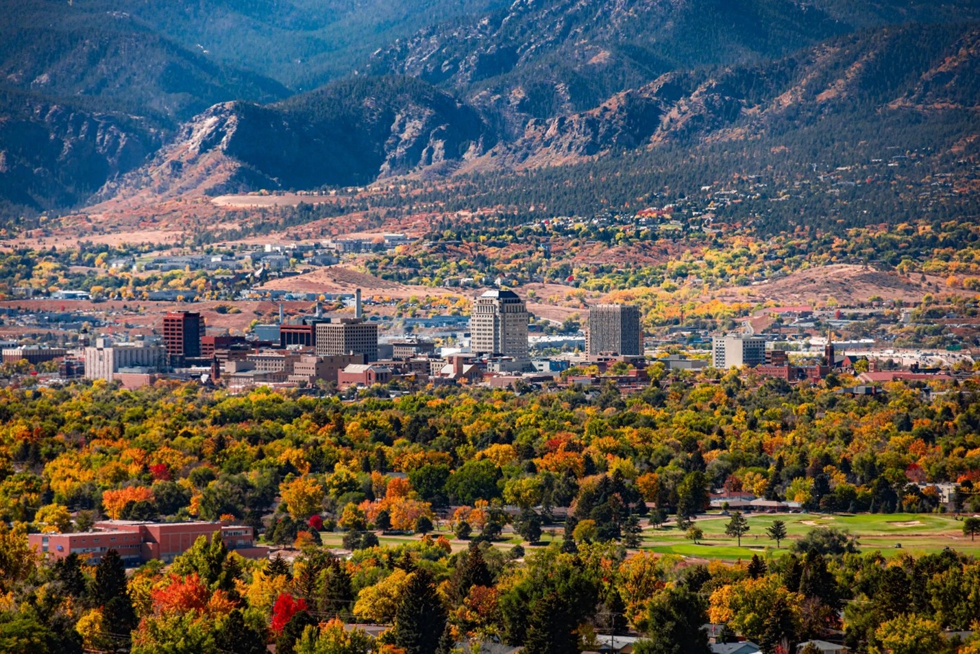 aerial view of downtown in the fall