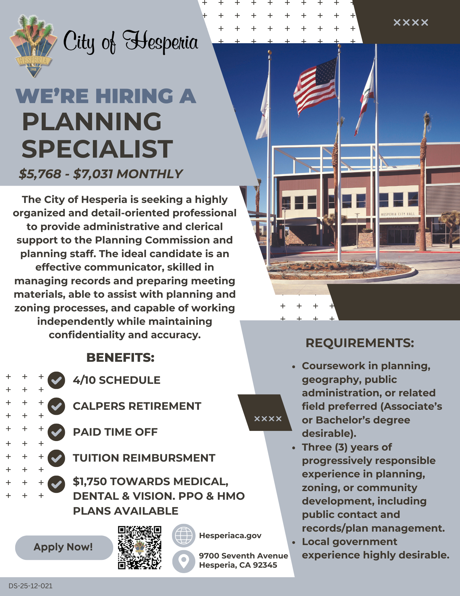 Join the City of Hesperia’s Planning Division  as a Planning Specialist and be part of a team driven by service, integrity, innovation, and efficiency. Help us create a safe, thriving community while experiencing true Hometown Hospitality.