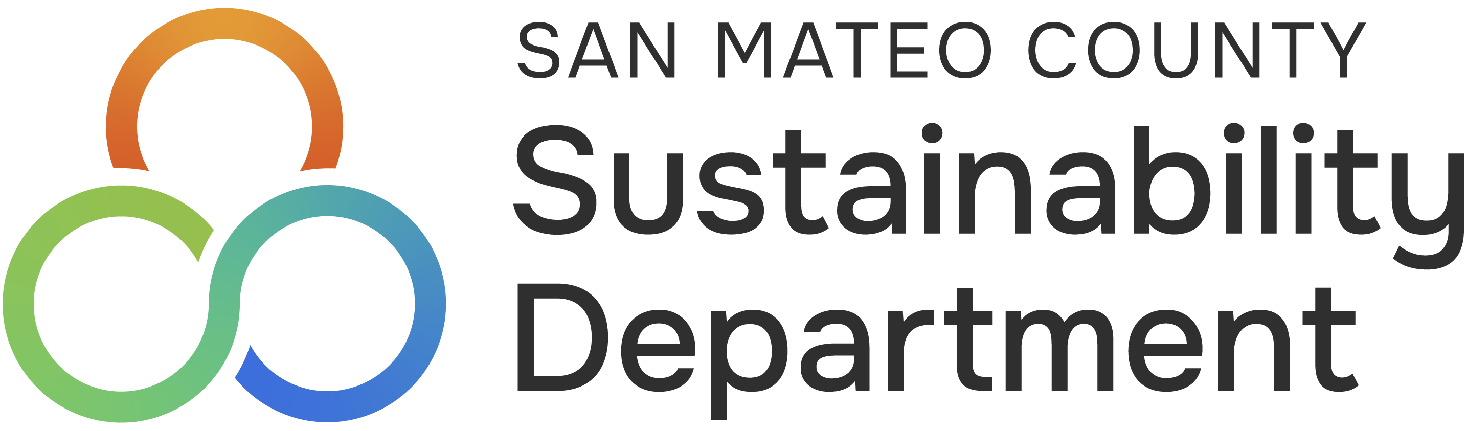 Logo of San Mateo County Sustainability Department featuring three interlinked circles in orange, green, and blue.